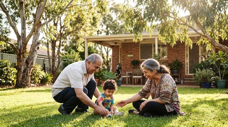 پدربزرگ و مادربزرگ ایرانی با نوه در حیاط خانه‌ای در استرالیا؛ ویزای ۸۷۰ والدین